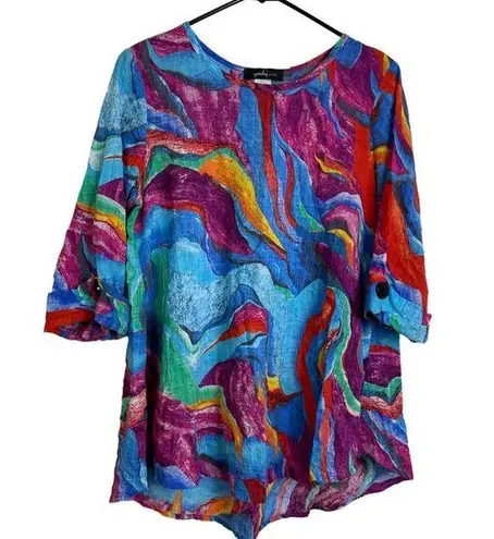 Yushi Blue Tunic Top Womens Small Abstract Multicolor Art to Wear Colorful Fun Purple Size M