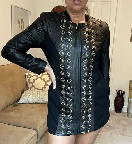 Peter Nygard black faux leather and knit embellished zipper jacket sz S