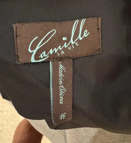 Camille La Vie Black Satin With Floral Underlay Formal Dress