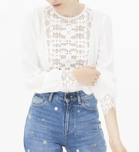 Sandro Paris Casey Lace Crepe Top Blouse Tunic Ecru Creme White Sz 2