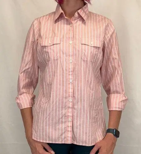 L.L.Bean  Women's Striped Button Down Roll Tab Blouse L LG Large Reg Pink White