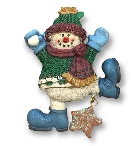 Vintage Snowman Brooch Holiday Resin Snowball Attached Glitter Star Festive Blue