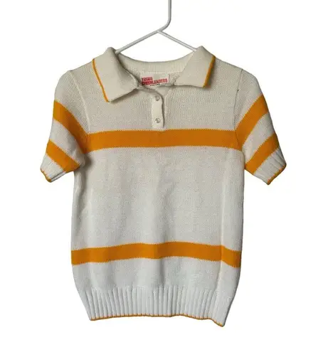 Vintage White Yellow Stripe Knit Short Sleeve Collar Shirt Young Cheerleader Size M