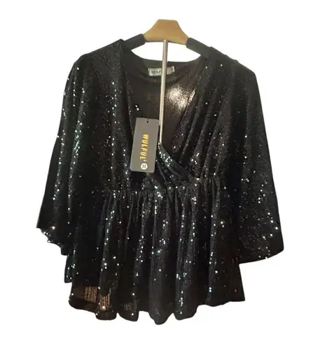 Wulful Black Sequin Top V Neck Flared Sleeve Party Blouse Size M