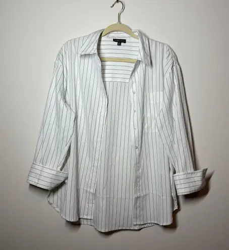 Modern Works Top Women M White Black Stripe Button Up Minimal Career Modest Prep Size M
