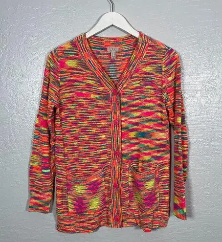 LOGO By Lori Goldstein Women XXS Bright Neon Space Dye Button Front Cardigan