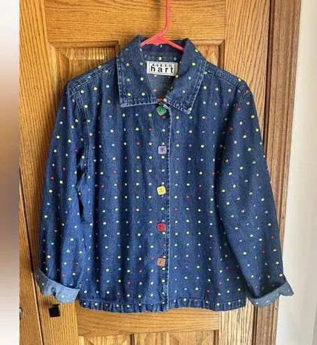 Vintage Keren Hart Polka Dot Rainbow Embroidered Denim Jean Jacket Size Large