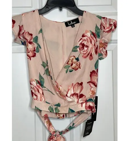 Lulus NEW Good Fleur You Blush Pink Floral Cross Front Tie Waist Crop Small