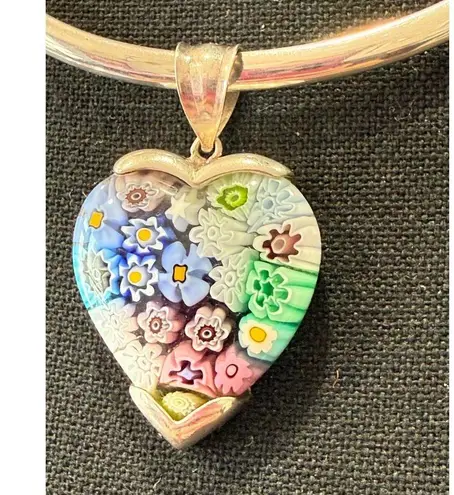 Alan K Vintage 925 Sterling Silver Millefiori Heart Pendant Necklace Italy Glass