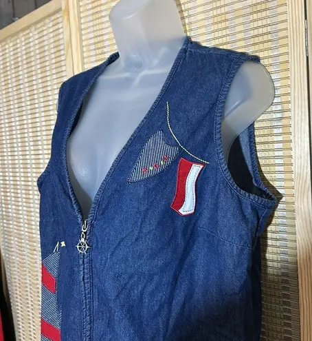 Allison Daley Vintage Nautical Theme Blue Denim Zip Front Vest Sailboat Flag 10P