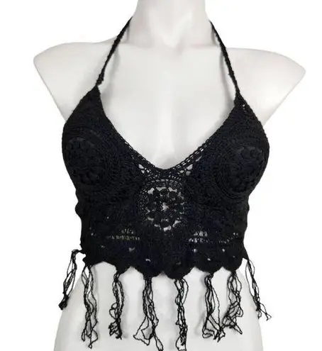 Boutique crochet fringe black halter bikini festival top new one size Size undefined