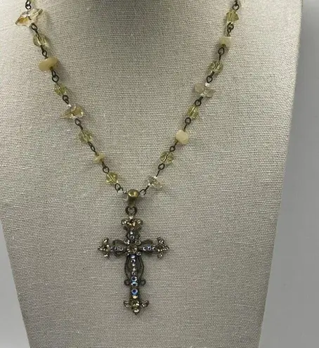 Cookie Lee Vintage Bronze Western w/Pink Stone Rhinestone Cross Pendant Necklace