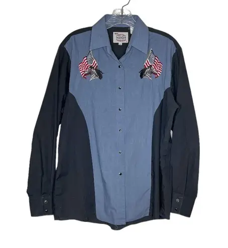 ELY Country Charmers Western Shirt USA Flag Horses Black Snaps Vintage 70’s Blue Size L