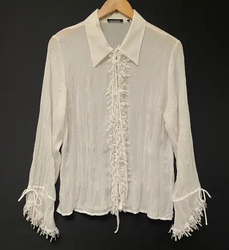 Le Caviar Women's White Romantic Sheer Lace Trim Tie Neck Ruffled Blouse Top L Size L
