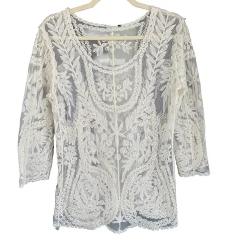 A2 Lace Tunic Top, Sheer Floral Crochet, Bohemian Blouse, Romantic Chic White Size M