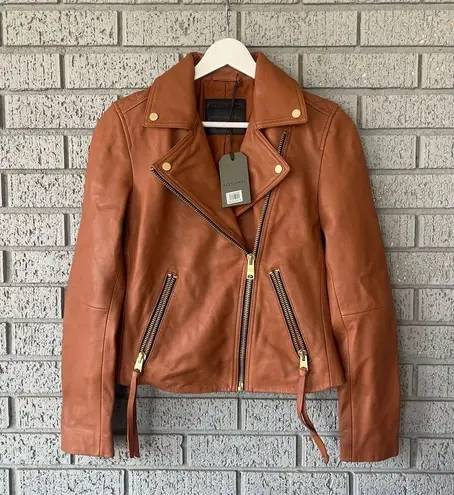ALLSAINTS NWT Dalby Slim Fit Leather Biker Jacket Cognac Brown Size 2