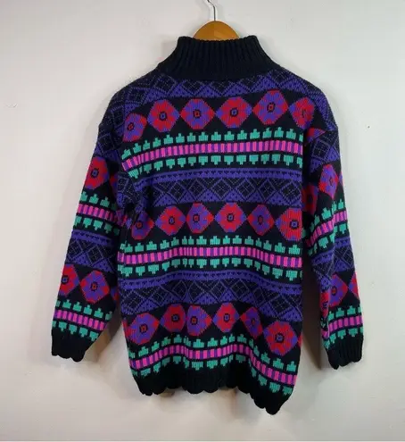 Vintage 80s Dayglo Neon Tribal Abstract Nordic Fair Isle Mock Neck Ski Sweater L Multiple Size L