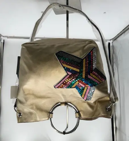 T Shirt Jeans Gold Metallic Tote Bag Large Sequin Star Handle Shoulder Bag