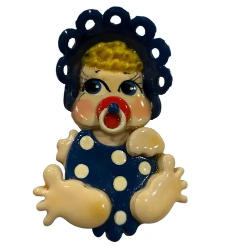 Vintage Baby Brooch Pin – Pacifier, Blue Bonnet & Polka Dot Romper – Figural 2″
