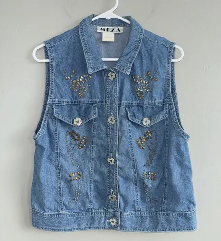 Vintage 90’s Denim Jean Western Vest Woman’s Sz S By M.E.Z.A Turquoise Beaded Blue