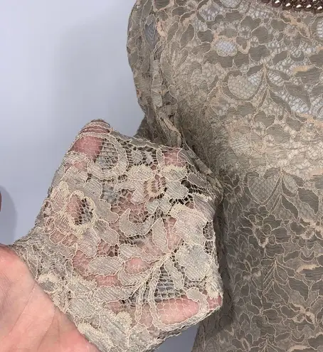 London Times Golden Tan Lace Overlay Midi Dress Rosegold Rhinestone Neck Size 4