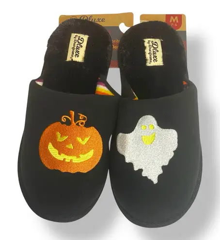 Dearfoams NEW Halloween Black Slippers M 7/8 Pumpkin Ghost Slip On