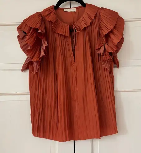 Ulla Johnson Elli Top Satin Blouse Shirt Orange Size 2 As Seen On TV Pleated Tie