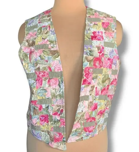 Vintage Patchwork Quilted Pink Floral Open Front Vest Handmade Cottagecore OOAK Size M