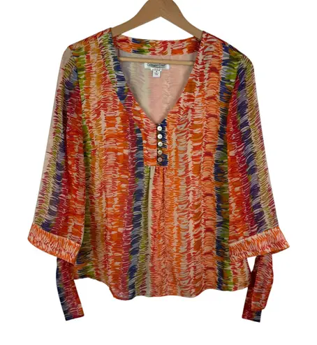 Coldwater Creek 100% Silk Abstract Print Blouse Medium V-Neck Colorful Rainbow