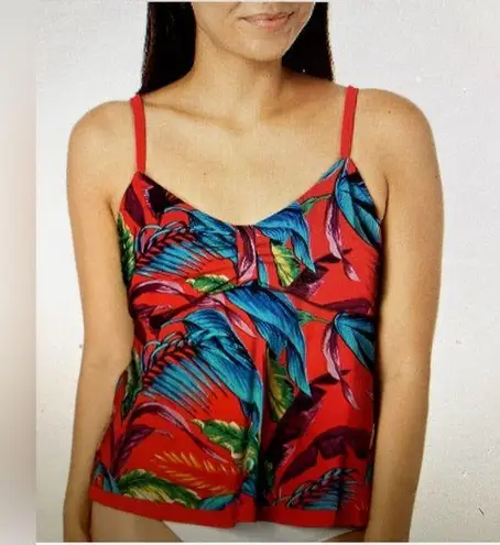 Caribbean Joe Womens Standard Babydoll Tankini Top Size 14 Tropical Print Coral