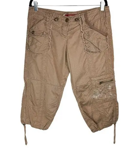 Y2K Original & Glamour Sz Large Cargo Baggy Crop Pants Patchwork Embroidered Tan