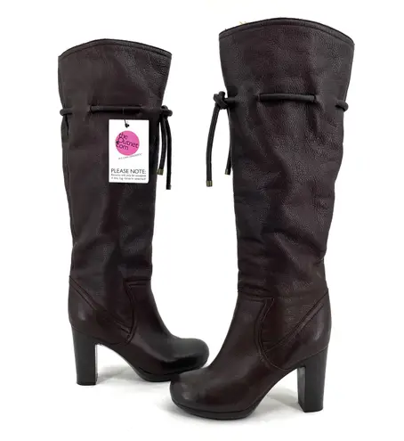 See By Chloe Tall Brown Leather Boots Wool Lined High Heeled Pebbled Size 37.5