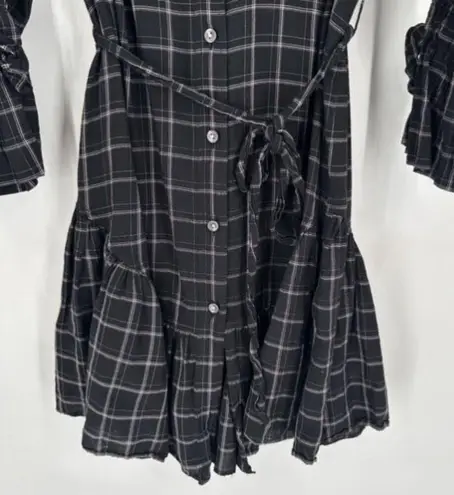 Rebecca Taylor La Vie Gingham Plaid Shirt Dress Button Down Black Ruffle Size XS