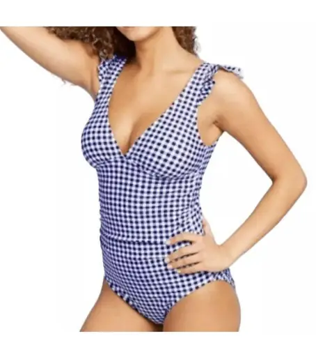 Kona Sol Large (12/14) Swim 1-Piece Ruffled Checked Padded Cup Lined Ruched Blue