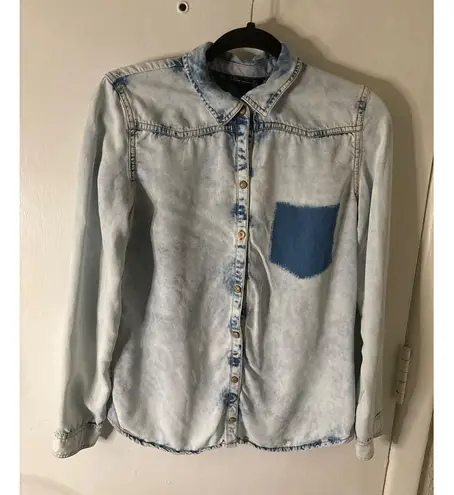 Zara Trafaluc Light Shaded Acid Wash Long Sleeve Shirt L 80s Country Rocker Blue Size L