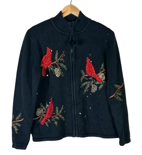Tiara International Cardinal Bird Knit Jacket Womens M Black Zip Beaded Holiday
