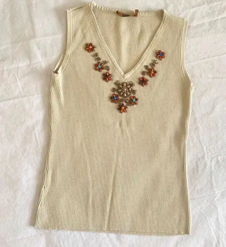 Cream Beige Embroidered Grunge Y2k Tank Top Tan