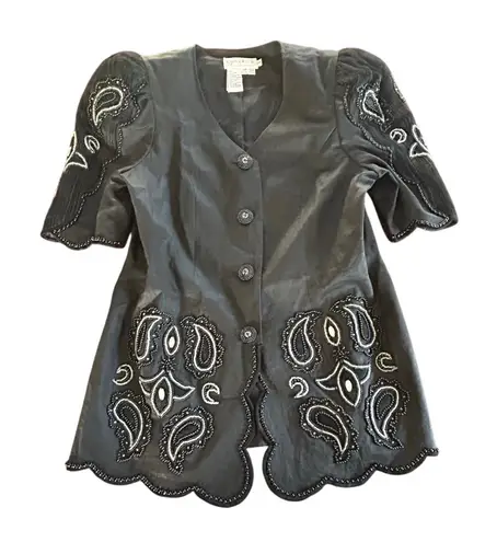 Vintage 1980s Davinci 100% Linen Embellished Short Sleeve Black Jacket Size 14
