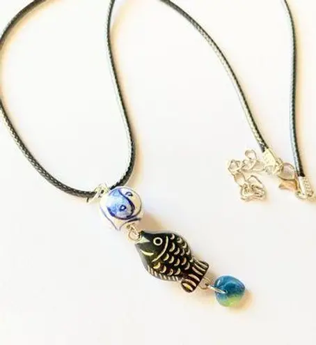 Handmade unisex black fish & Czech glass heart & ceramic Yin Yang unique necklace🐟🌊🖤
