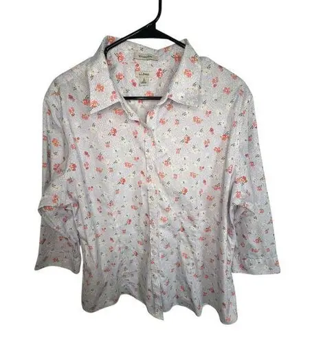 L.L. Bean Floral and Polkadot Pattern Button Up Half Sleeve Top White Size XL thumbnail 1