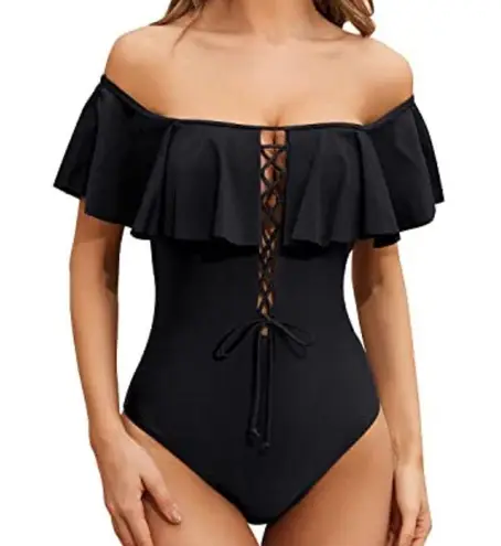 Tempt Me Lace-Up Front Off Shoulder Ruffle One Piece Swimsuit