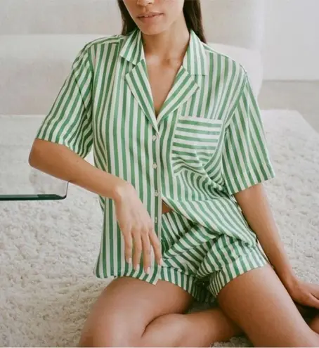 AYR Pool Boy Romaine Green White Striped Short Sleeve Silk Top Oversized Medium