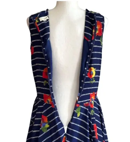 Maison Jules Dress Blue Red Floral Striped Sleeveless Skater Fit & Flare Medium