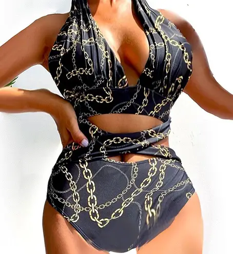 Nwt, Lavishly Paris Women’s Designer Chain Print Halter Neck One Piece Swimsuit Black Size M