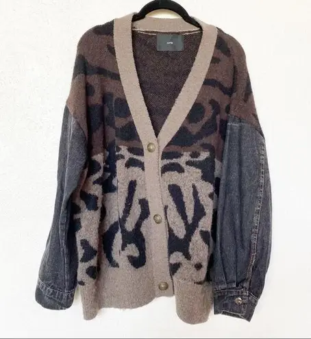 Latte Animal Print Denim Arm Cardigan Size Large Tan