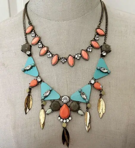 Blue and orange geometric multi strand statement necklace