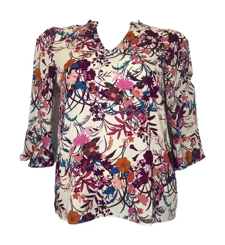 The Pioneer Woman Size S Multi Floral Pattern 3/4 Bell Sleeves Split Neck Blouse