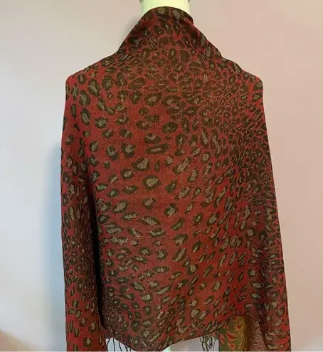 Pashmina Scarf Silk Blend Wrap Red Leopard Animal Print Fringe Shawl