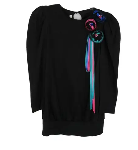 Just Tina 80s Vintage Sweater Black Ribbon Rose Rhinestone Funky Retro Large