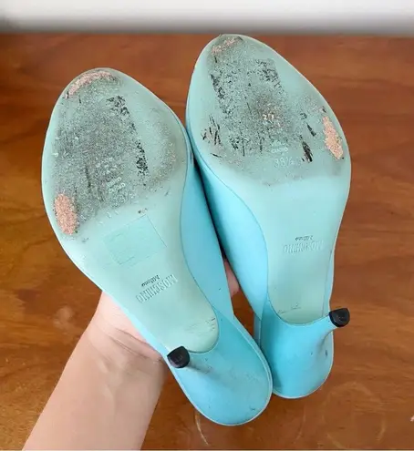 Moschino x Barbie • turquoise stiletto mules heels sandals peep toe